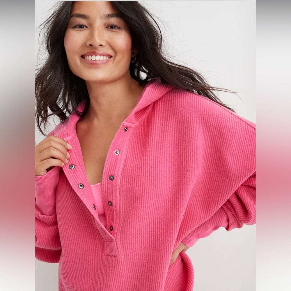 AE Aerie Textured Henley Hoodie - Solar Pink - S - NWT